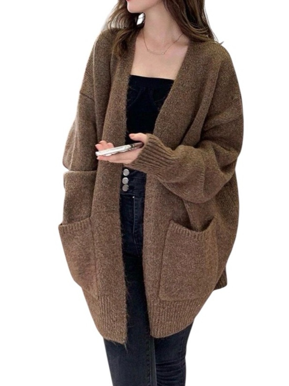Free People Wool,Mohair & Nylon Bleand Cozy-Knotty Open-Front Brown Cardigan